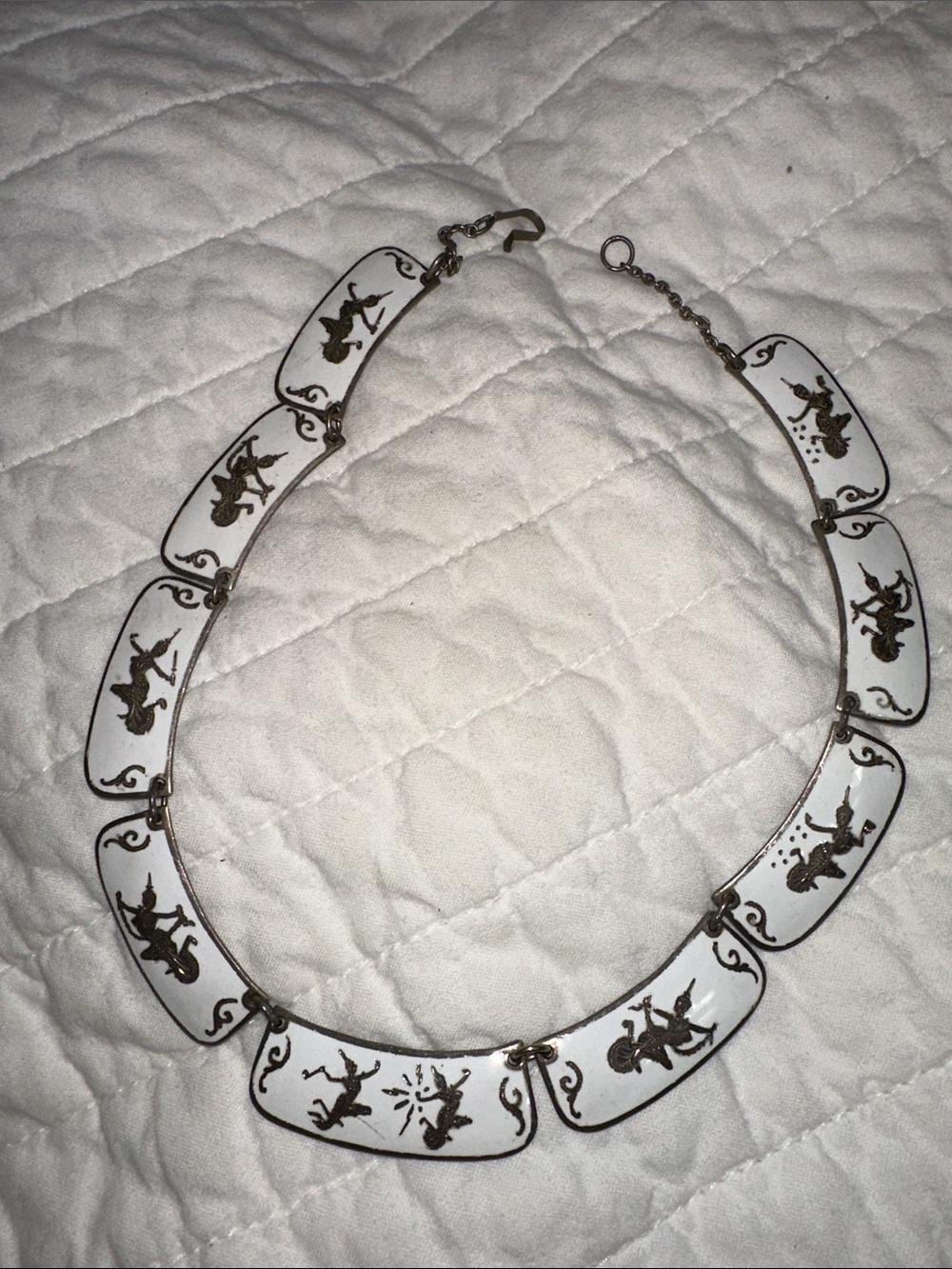 White and Silver Siam  Enamel Panel Necklace with Dancer Motifs - 40 grams weig